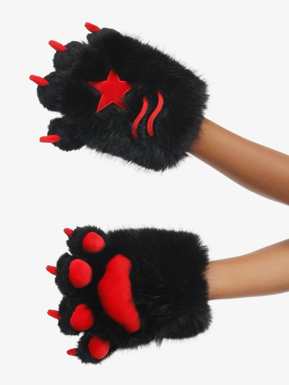 NWT Hot Topic Black & Red Star Fuzzy Cat Paw Gloves Costume Cosplay